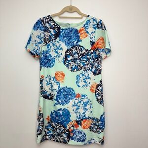 J. Crew Floral Print Shift Dress Mint, Blue, Orange, White Short Sleeve Size 4
